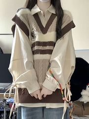 两件套装/春秋季新款日系甜美学院风撞色v领针织马甲背心女长衬衫