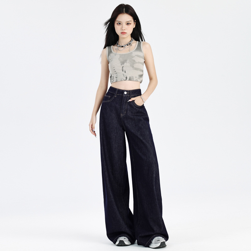 [Yunheyu] Thirteen Lines Dark Blue American Wide-Leg Jeans for Women, High-Waisted Slimming Look Straight Pants for Small People