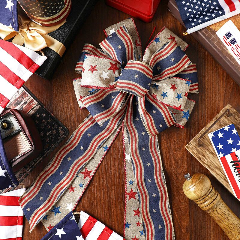 Patriotic Wreath, New Cross-Border Hot Item for American Independence Day, Vintage Burlap Star-Striped Bow Front Door Decoration