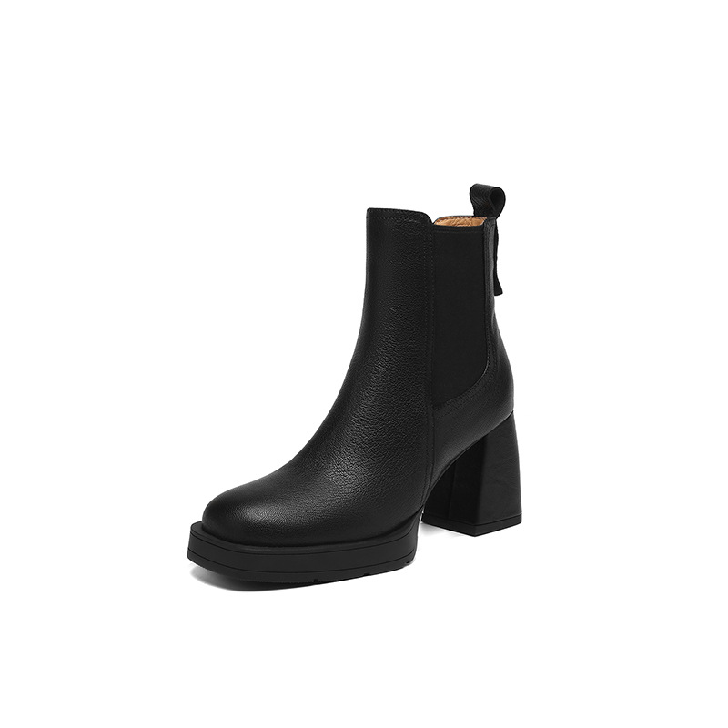 Boot Chelsea cổ ngắn mũi vuông da dê mềm, gót dày platform, phong cách cổ điển, dáng slip-on thu đông — nhung đen, Nhung nâu, Lớp lót đơn màu đen, Lớp lót đơn màu nâu