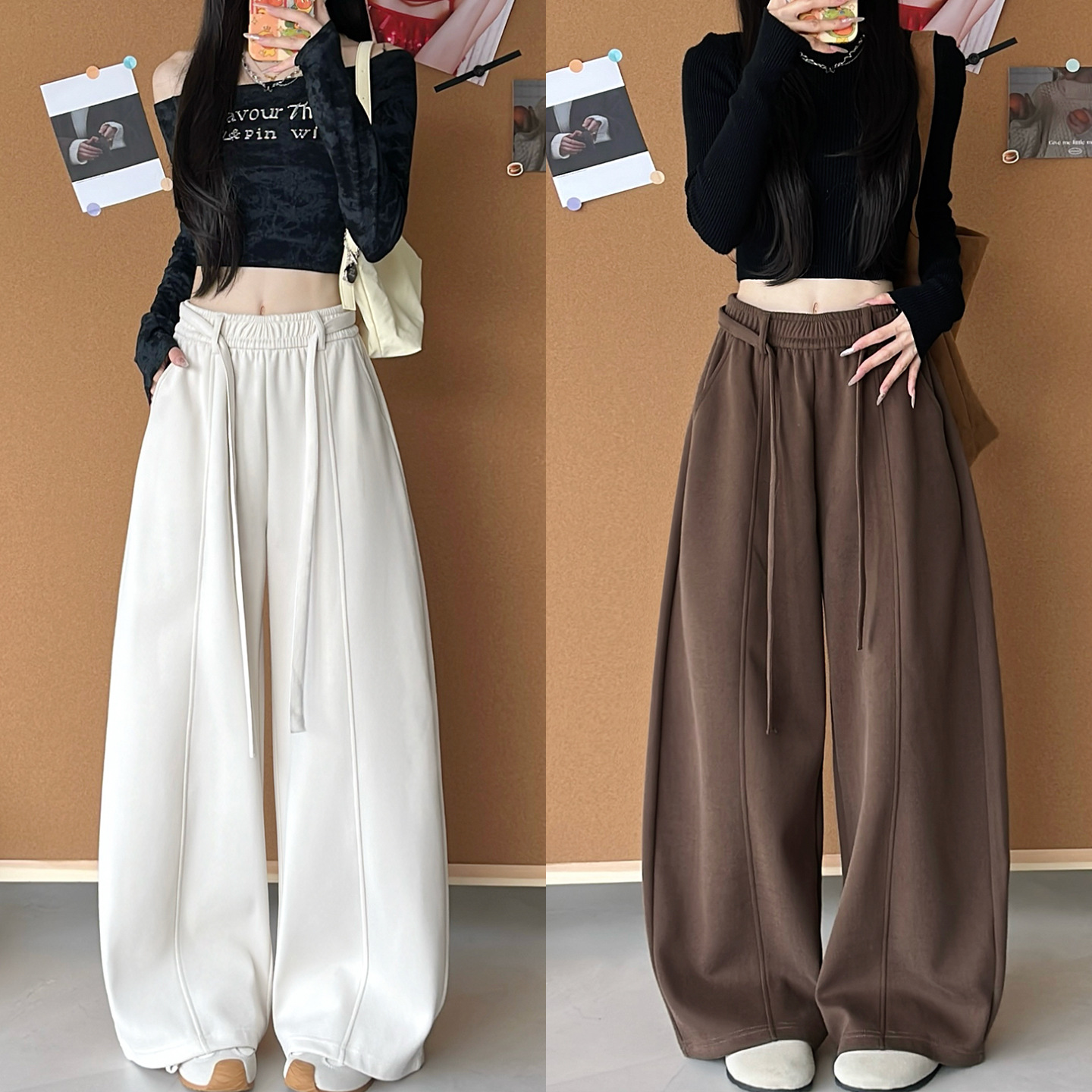 Autumn and Winter New High-Waisted American-Style Drawstring Wide-Leg Pants for Women, High-Waisted Loose Casual Sports Pants, Loose Straight-Leg Pants