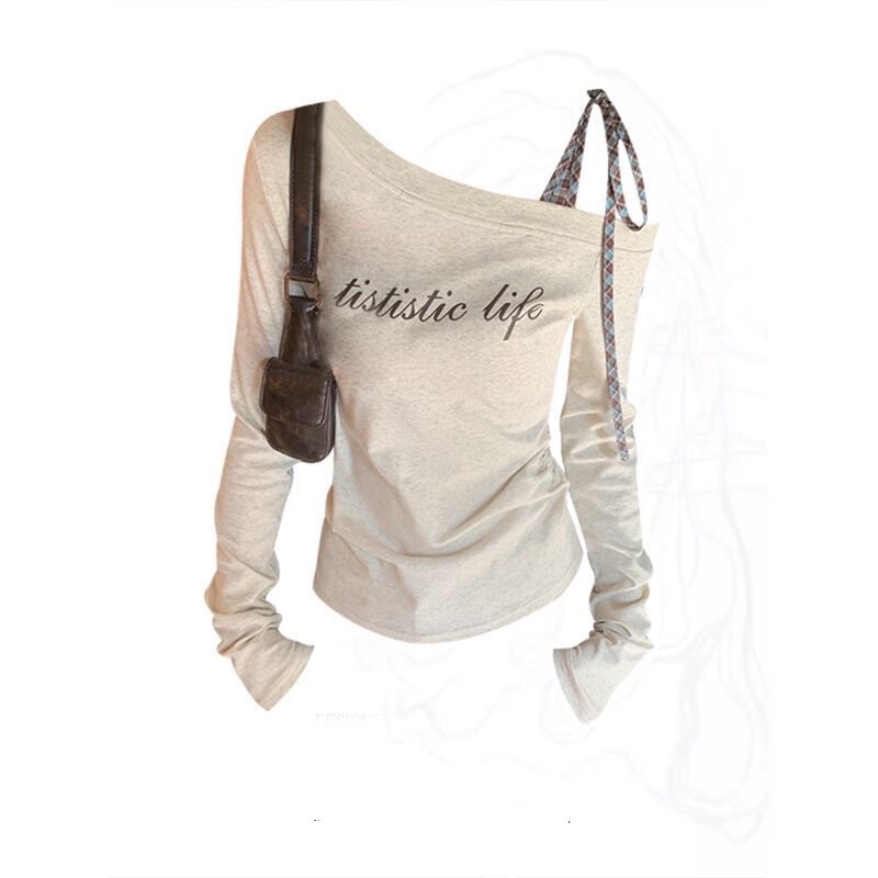 In-Stock Pure Desire Gray Off-Shoulder Plaid Tie Inner T-Shirt for Women, Autumn Letter Print New Slim Long-Sleeve Top In-Stock Pure Desire Gray Off-Shoulder Plaid Tie Inner T-Shirt for Women, Autumn Letter Print New Slim Long-Sleeve Top