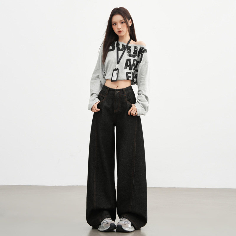 Autumn and Winter Retro High-Waisted Wide-Leg Jeans for Women, Loose Slimming Casual Straight Pants, Floor-Length Pants