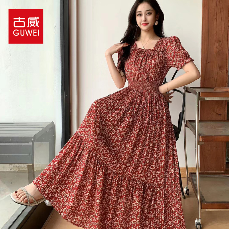 Rayon Printed Yunnan Travel Dress for Women, Summer Long Dress for Seaside Vacation, Bohemian Island Beach Dress