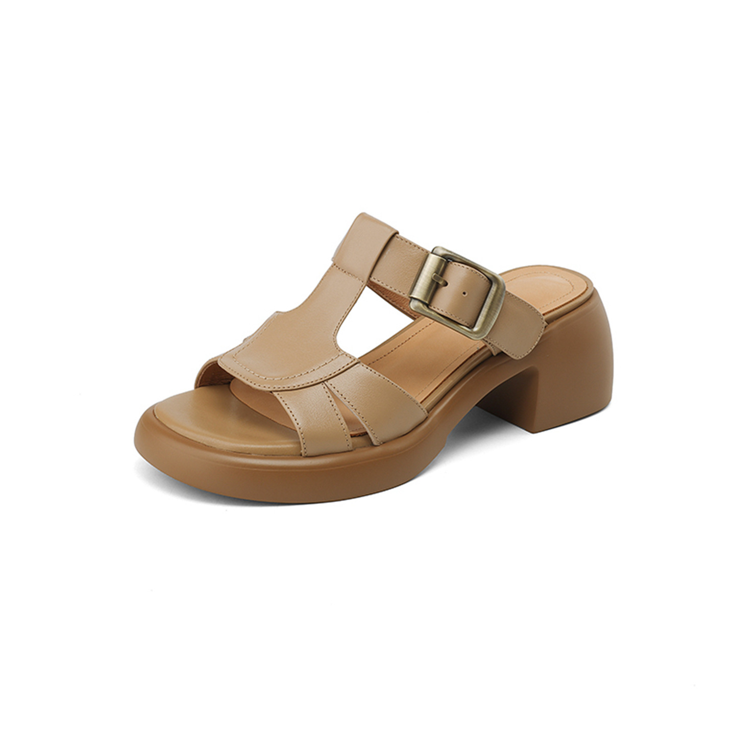 Sandal nữ hở mũi quai chữ T đế cao gót 6 cm, da mềm phong cách La Mã — màu nâu