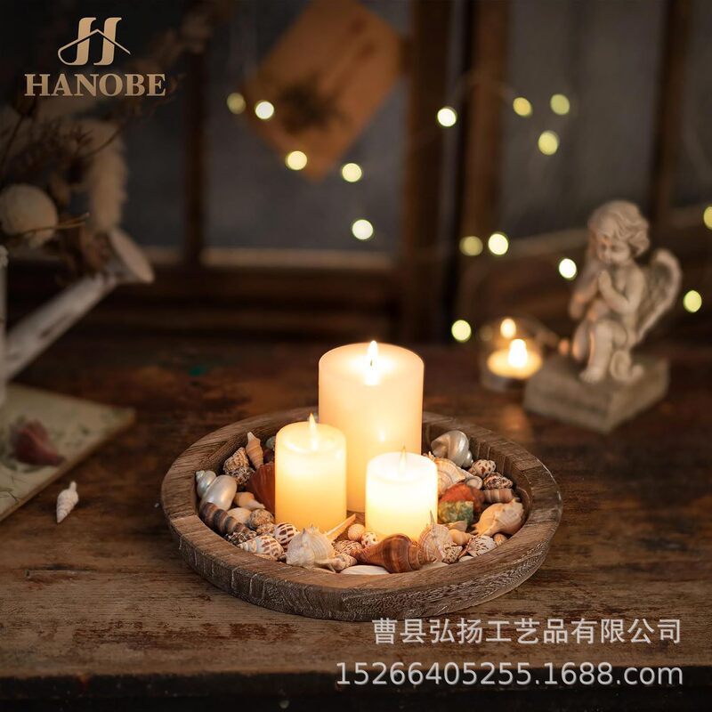 Wooden Decorative Tray Farmhouse Old Candlestick Base Tray Home Restaurant Dining Table Green Plant Storage Tray Decorative Tray
