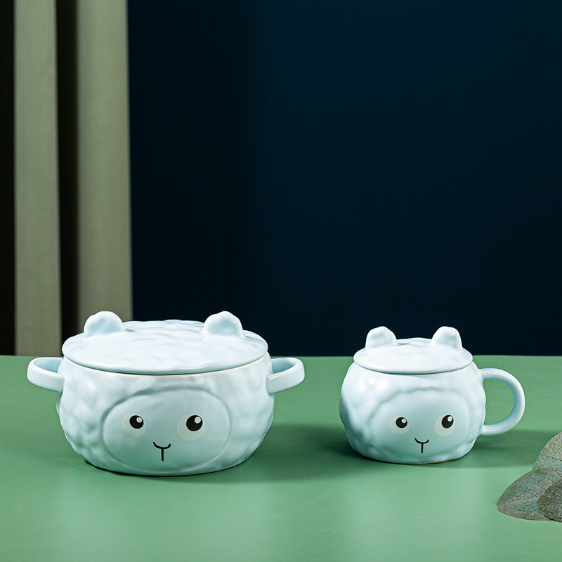 Tazón de cerámica con diseño de oveja y orejas - Con tapa - Para fideos y sopa - Tamaño grande ideal para estudiantes