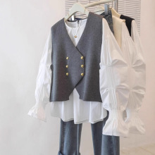 减龄V领针织马甲衬衫外套女2025春秋大码胖mm韩系叠穿小香风上衣
