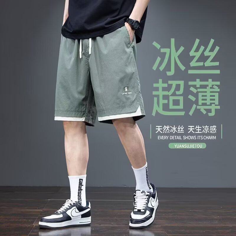 Camisa menos ropa pantalones cortos casuales tarjeta de gasa de verano para hombres lavado cintura elástica cordón pantalones de playa sueltos pantalones de cinco puntos