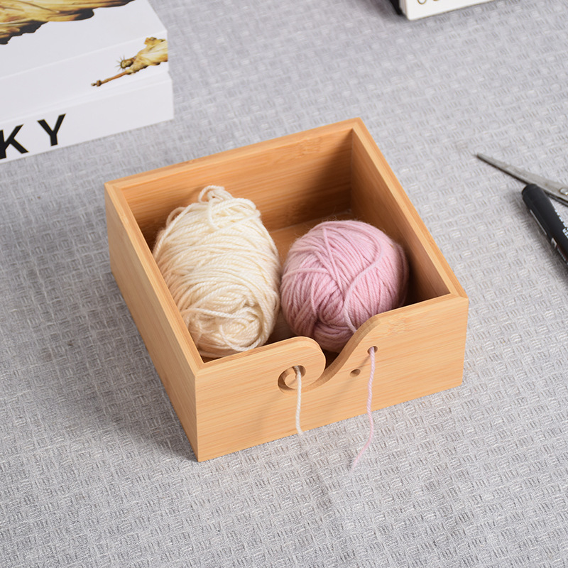 Cuenco de lana redondo de madera textil hecho a mano Cuenco de lana cuadrado de madera con tapa Cuenco de madera de almacenamiento de lana