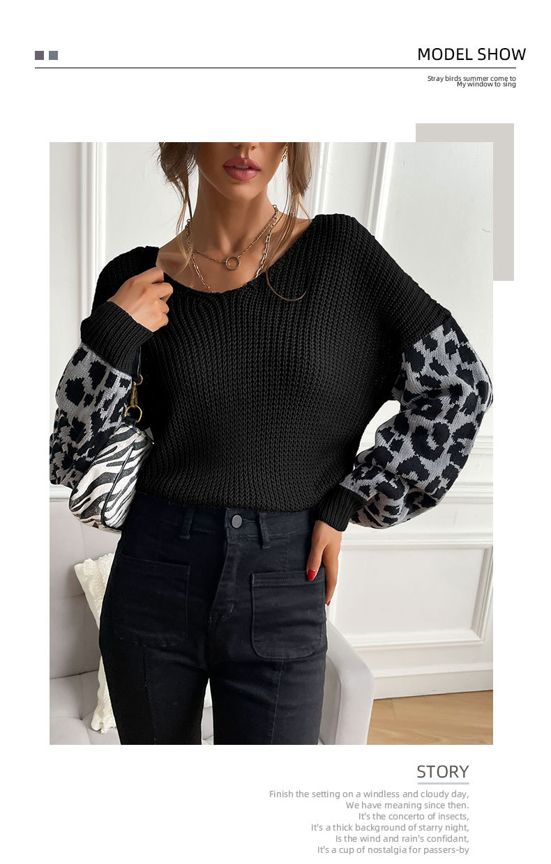 V-neck loose leopard stitching long-sleeved knitted sweater nihaostyles wholesale clothing NSDMB88720