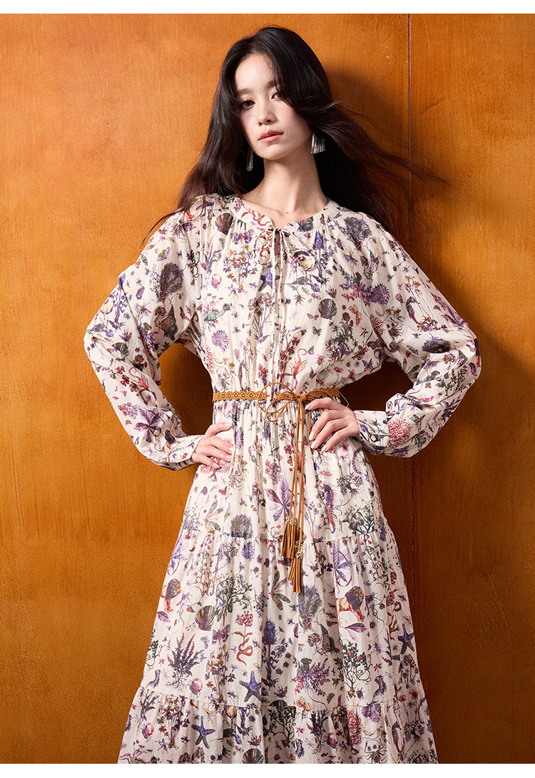 Autumn New Retro 100% Cotton Printing Floral Loose Long Dress Women Long  Sleeve | eBay