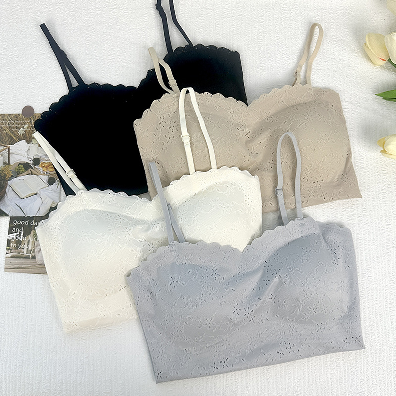 Glue Lace Lace Beautiful Back Wrap Breast Tube Top with Chest Pad Base Breathable Anti-running Strapless All-match Underwear for Women