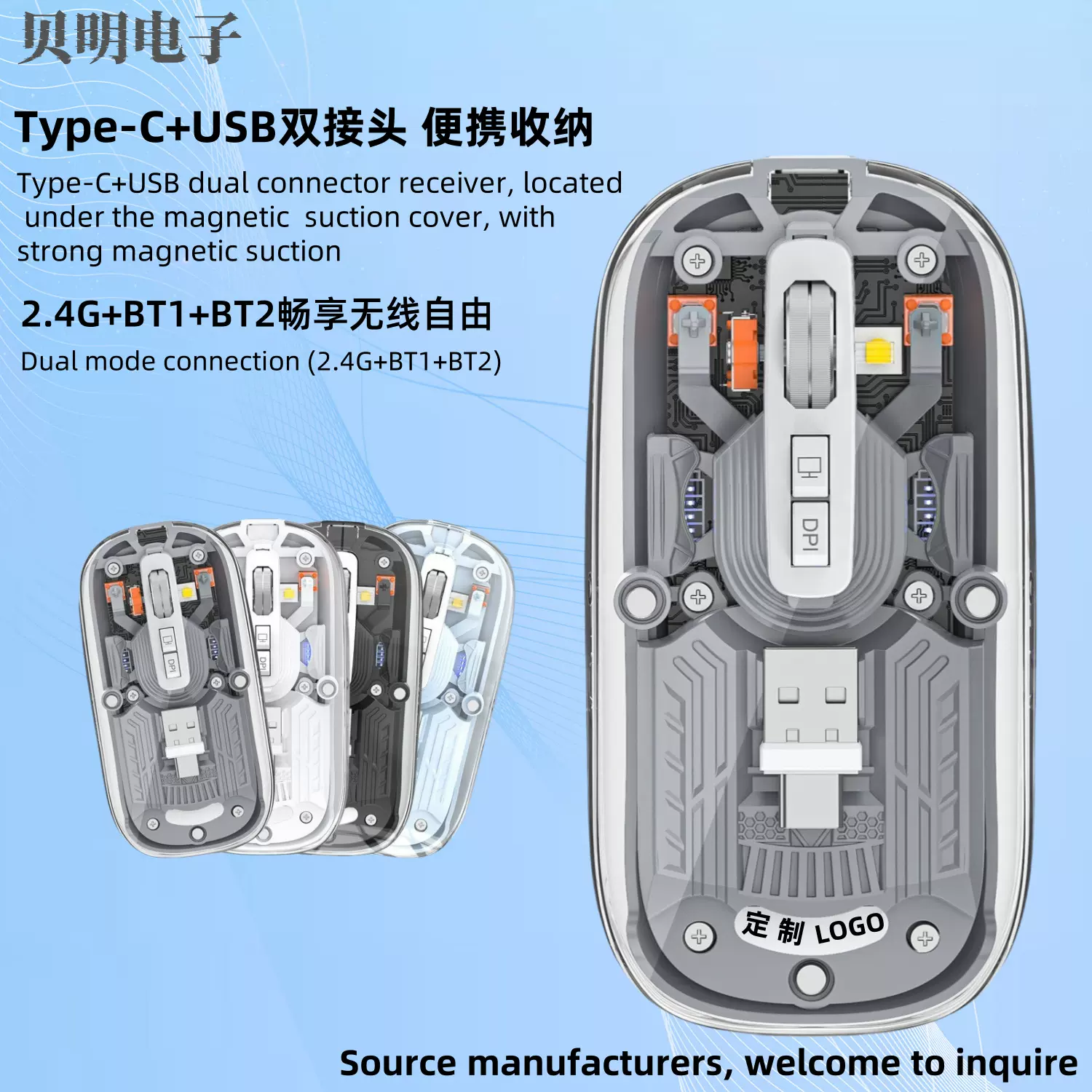 新款透明磁吸双头接收器静音2.4G蓝牙无线三模type-c充电无线鼠标