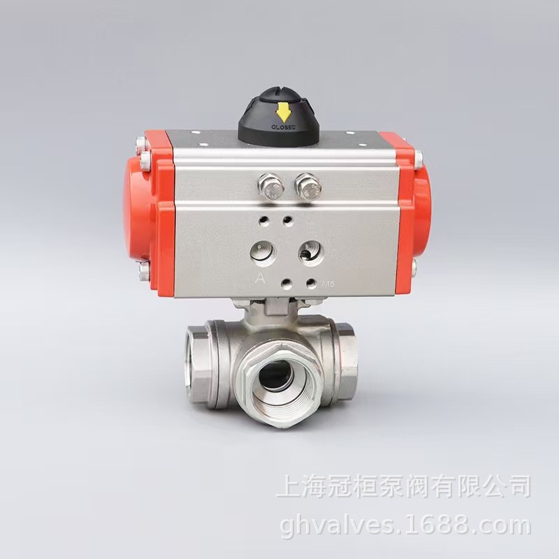 不锈钢三通球阀 Q615F-16P DN80 气动L/T型软密封 螺纹连接