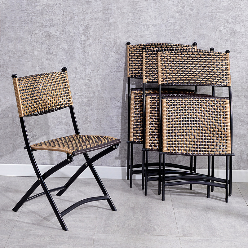 Rattan Folding Chair and Stool, Simple Outdoor Courtyard Leisure Coffee Table, Table and Chair Combination, Woven Balcony Rattan Chair Three-Piece Set