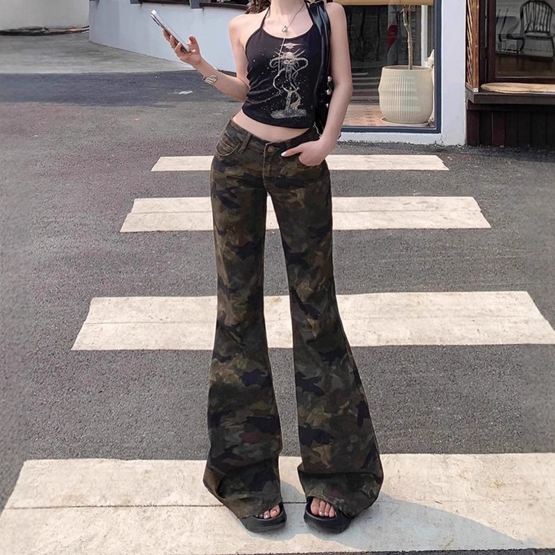 Camouflage Workwear Flared Jeans for Women, Summer Low-Waist, Non-Tight Flared Straight-Leg Pants, Slimming Pants for Women Camouflage Workwear Flared Jeans for Women, Summer Low-Waist, Non-Tight Flared Straight-Leg Pants, Slimming Pants for Women