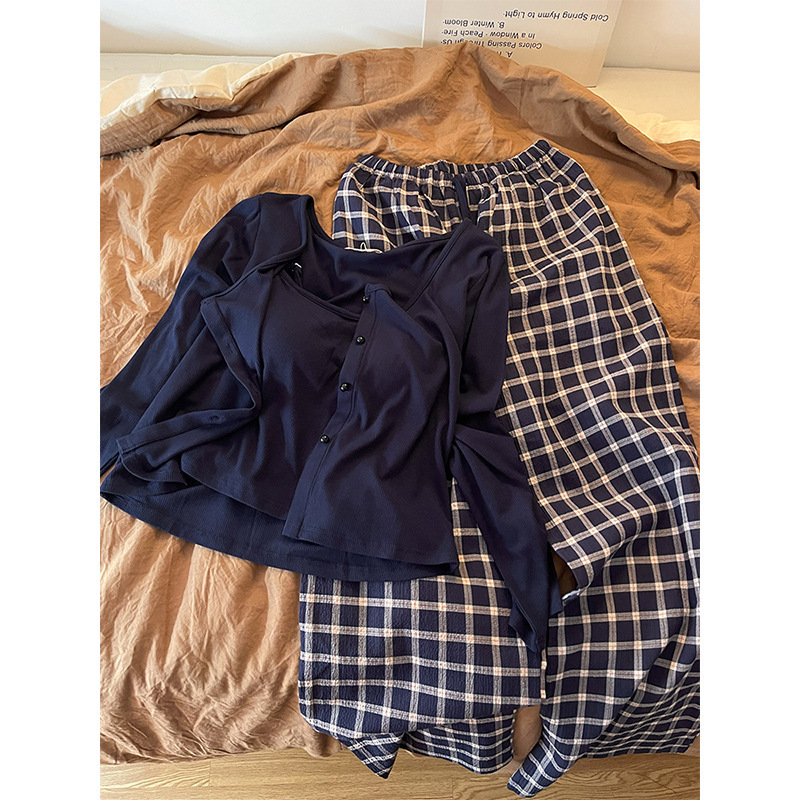 Ins Retro Padded Camisole Pajamas for Women, Autumn 2025 New Cardigan Long Pants Three-Piece Set, Trendy Loungewear Ins Retro Padded Camisole Pajamas for Women, Autumn 2025 New Cardigan Long Pants Three-Piece Set, Trendy Loungewear