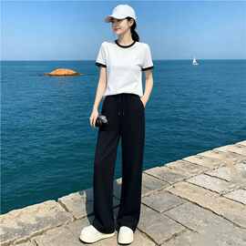 深圳南油套装女2026新款夏时尚洋气减龄纯色圆领短袖阔腿裤两件套