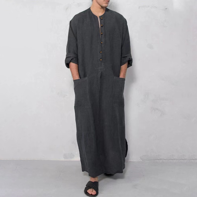 Ethnic Style Robe, Long Robe, Men's One-Piece Loose-Fitting Stand-Up Collar Robe, Men's Clothing