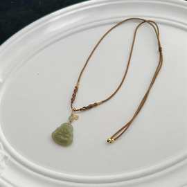 新品新中式汉服古风和田玉项链大肚佛S925银福牌葫芦毛衣链专柜