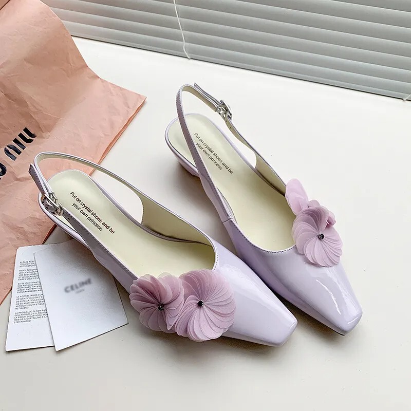 Sheepskin Version ~ French Flower Square Toe Sandals for Women 2025 Summer New French Retro Sweet Shallow High Heels