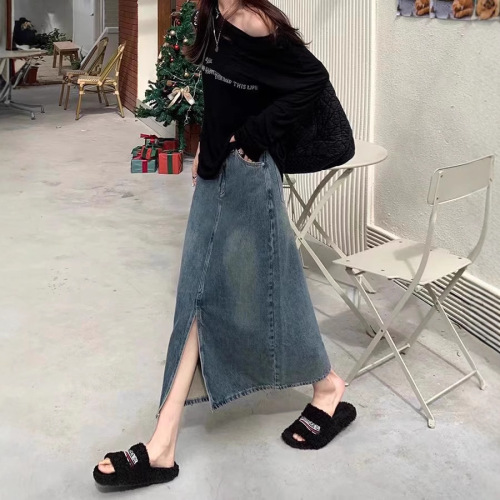 Split medium and long summer front  retro spring and summer cowboy women's new slimming A-line skirt high waist