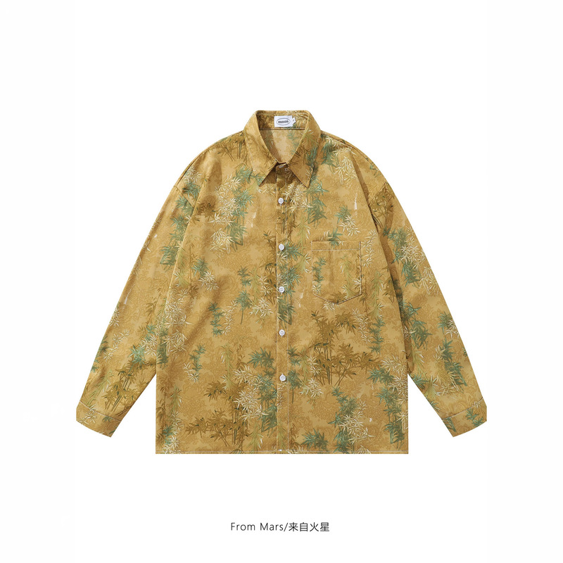 Spring and Autumn New Style Bf Pastoral Style Bamboo Full Print Loose Lapel Casual Long-Sleeved Shirt Boys and Girls Shirt Jacket