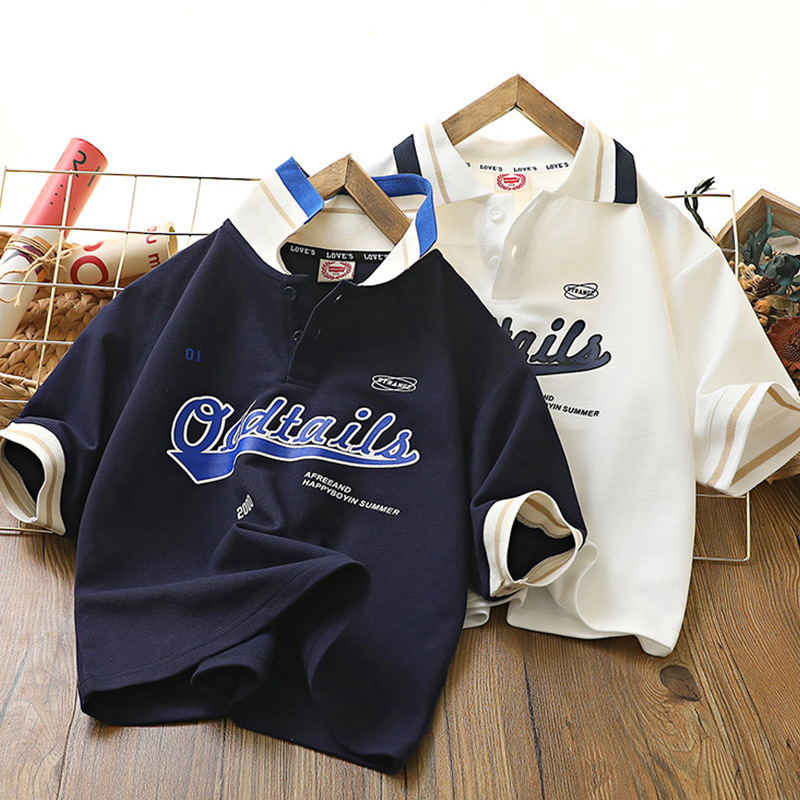 Children's POLO Shirt 2024 New Summer Short Sleeve Collar T-Shirt Korean Style Trendy Medium and Large Size Top T-shirt Student Uniform