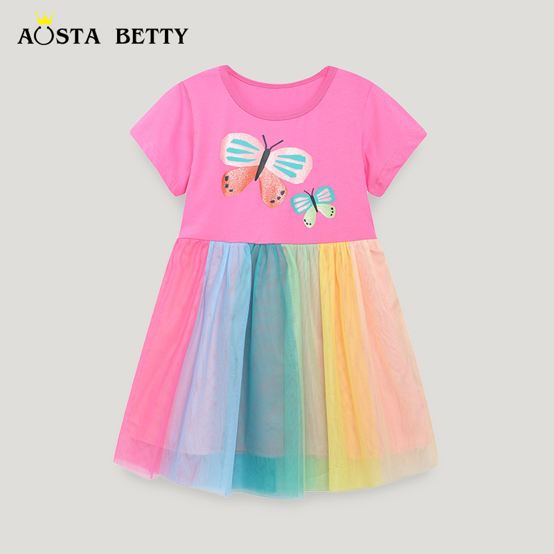 Girls Butterfly Embroidered Rainbow Skirt Dress