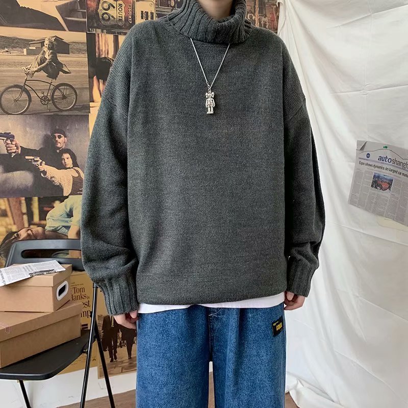 Estilo coreano de moda cuello alto suéter elegante invierno de los hombres flojo estudiante engrosado suéter abrigo color sólido suéter comercio exterior
