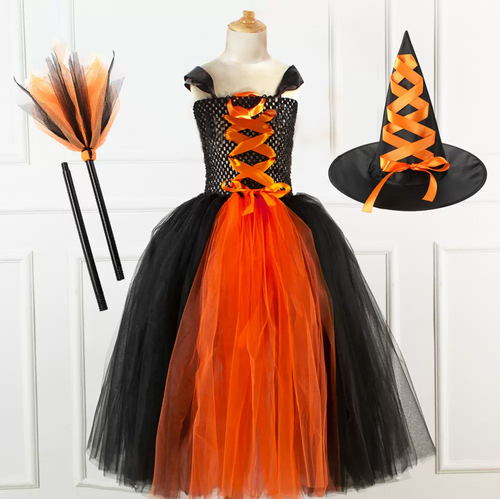 万圣节长款女巫服装加女巫帽巫婆连衣裙欧美角色扮演cosplay女童