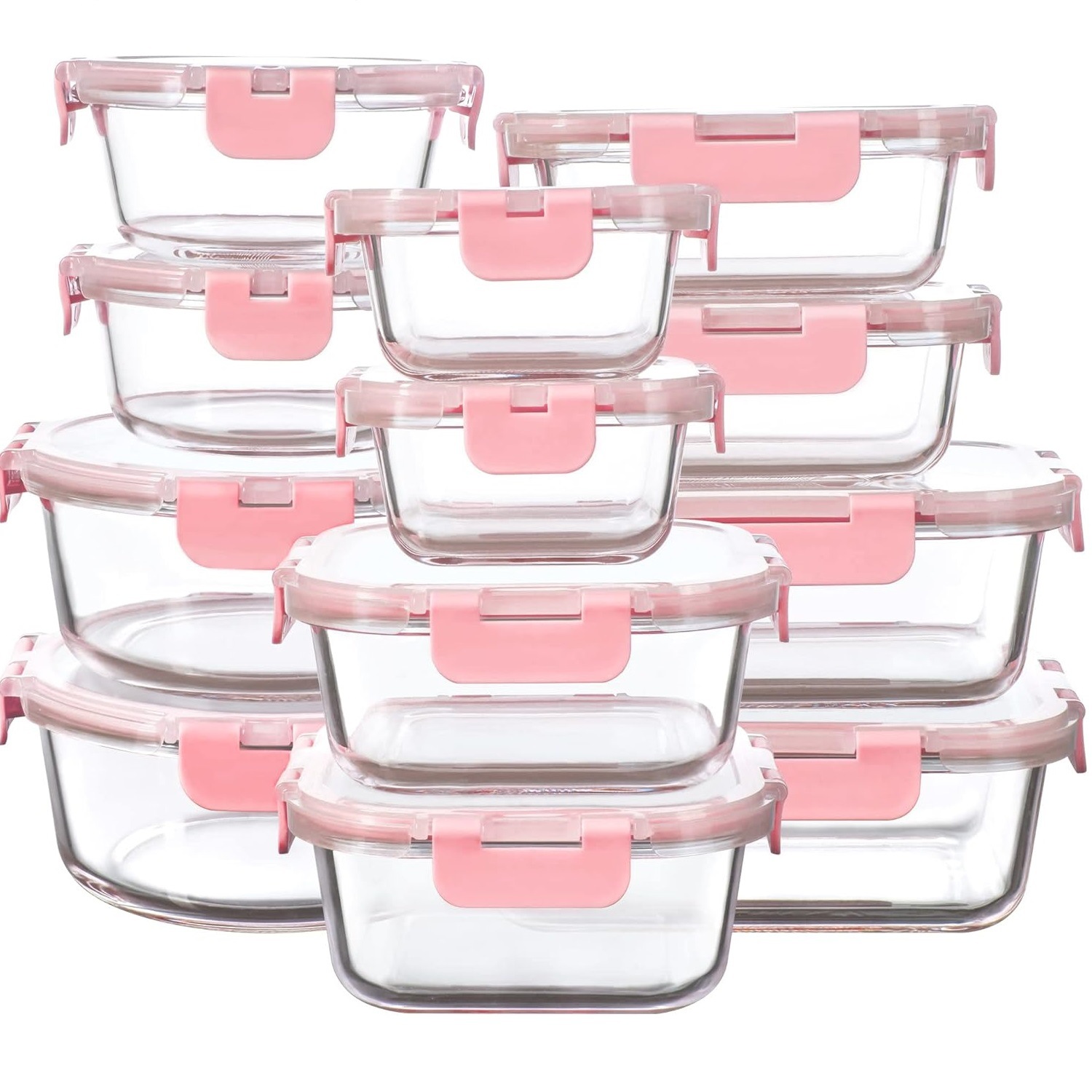 Set de 12 recipientes de vidrio con tapas herméticas, aptos para microondas y almacenamiento.