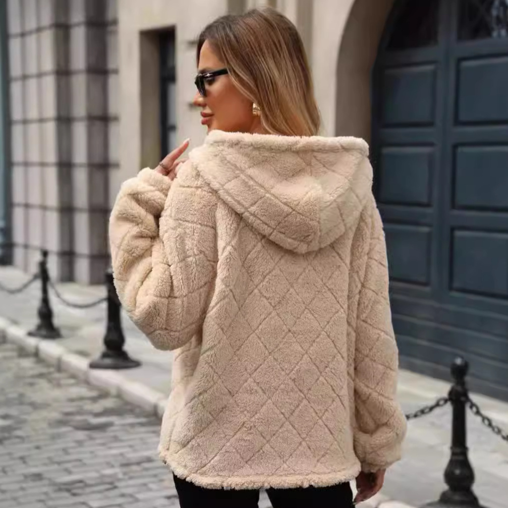 Women's Clothing Flash velvet 2024 autumn and winter new women's clothing loose half zip pullover hooded plush sweatshirt_voghion.com