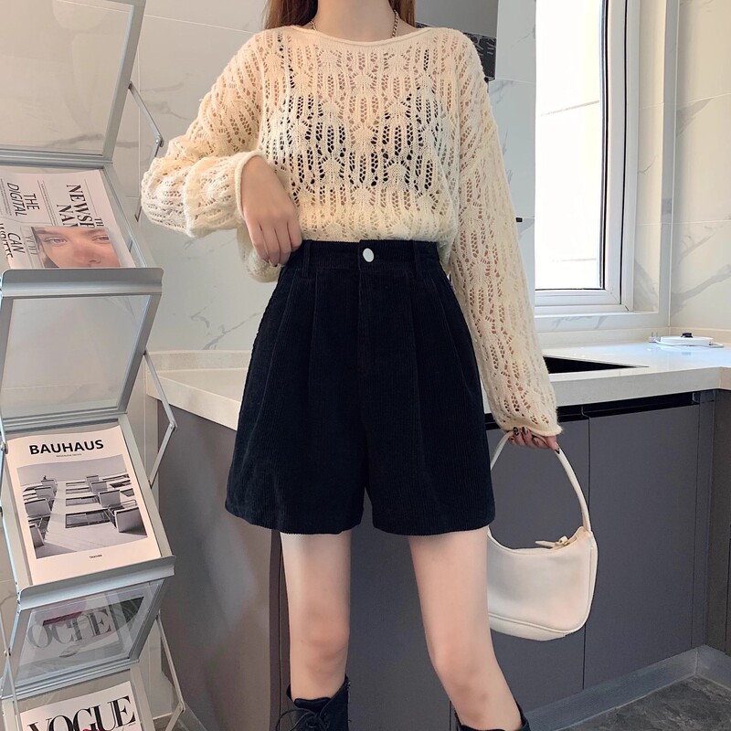 Korean version of corduroy wide-leg pants women's 2024 winter new elastic waist design sense straight pants casual short pants