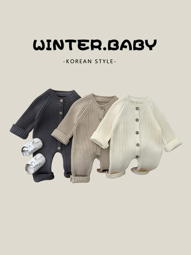 Korean baby jumpsuit autumn and winter clothes for boys and girls, pure color knitted climbing clothes for newborn winter sweaters, ha clothes
