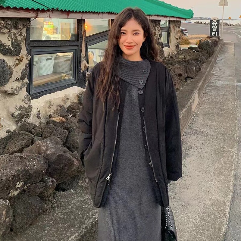 韩系长款高领设计感钮扣毛衣裙女韩版宽松2025秋冬显瘦打底连衣裙|undefined
