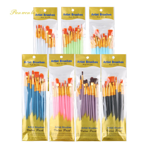 Cross-border 10-piece plastic rod nylon brush set art student DIY painting gouache oil brush pigment brush