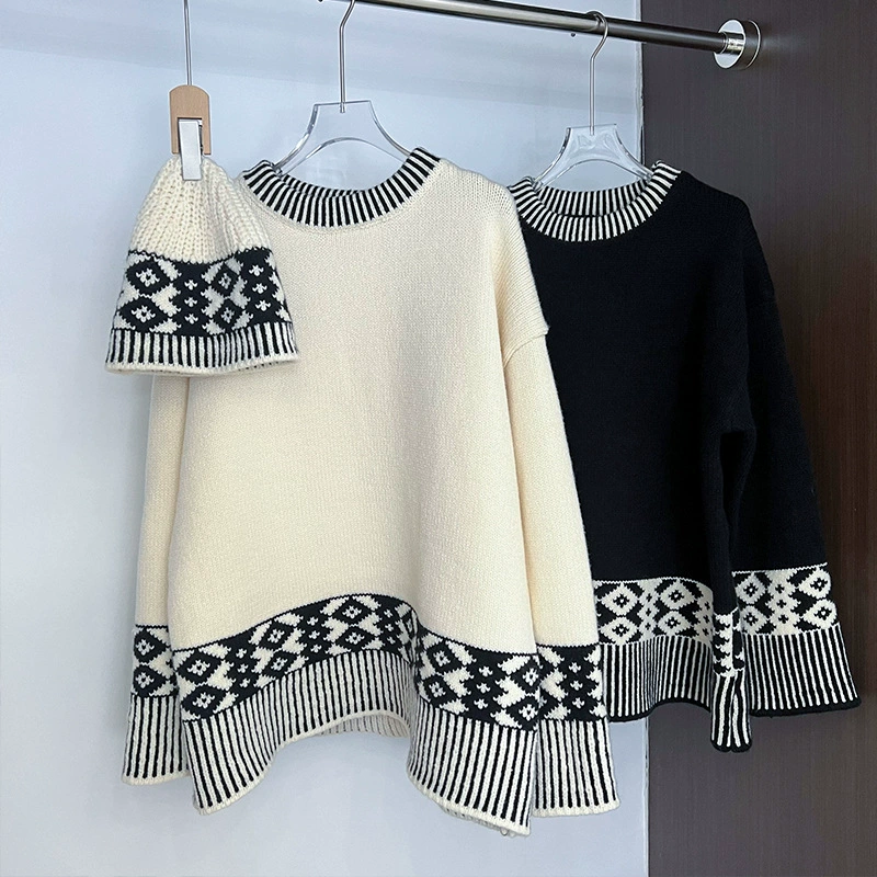 Жаккардовый свитер с круглым вырезом и узором Фэр-айл для женщин, новая модель осень 2025, свободный и повседневный вязаный топ, плотный.
