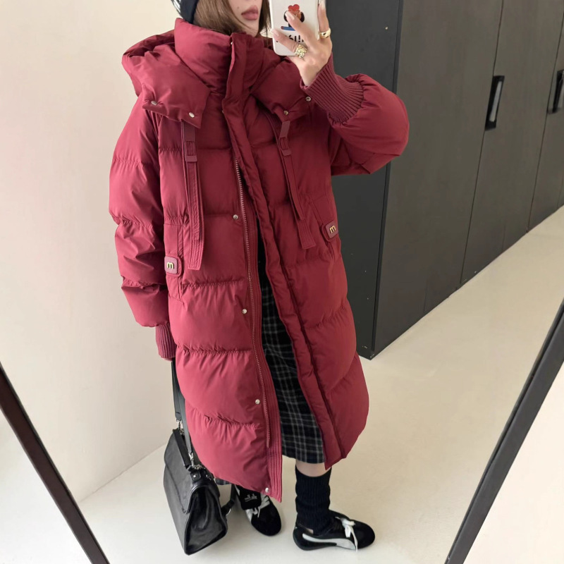 2025新款韩版针织袖羽绒服女长款过膝宽松收腰白鸭绒加厚外套冬|undefined