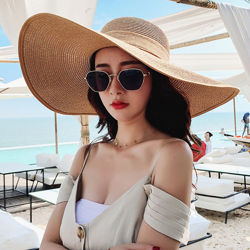 Wholesale fashionable summer sun protection large-brimmed straw hat with edge streamer monochrome ladies travel vacation sunshade beach hat