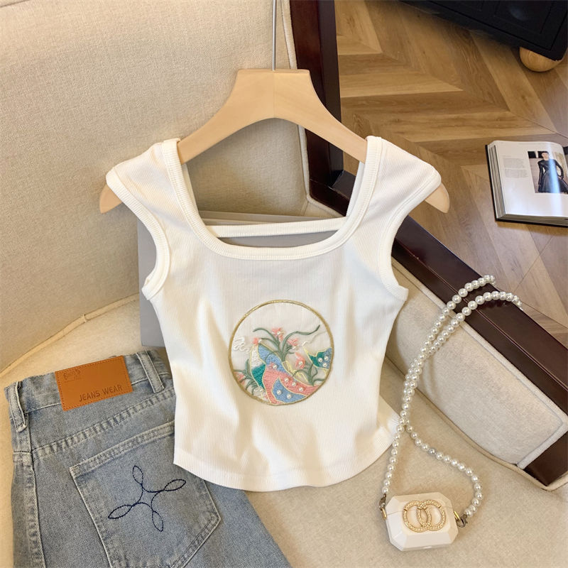 Girls' New Chinese Style National Wind Embroidery Tank Top Straps Summer New Short Sleeve Beauty Back Inner Wear Top 0069A020