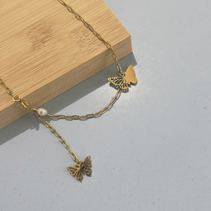 Fashion Butterfly Stainless Steel Titanium Steel Pearl Plating Hollow Out Necklace Colorza_colorza_5
