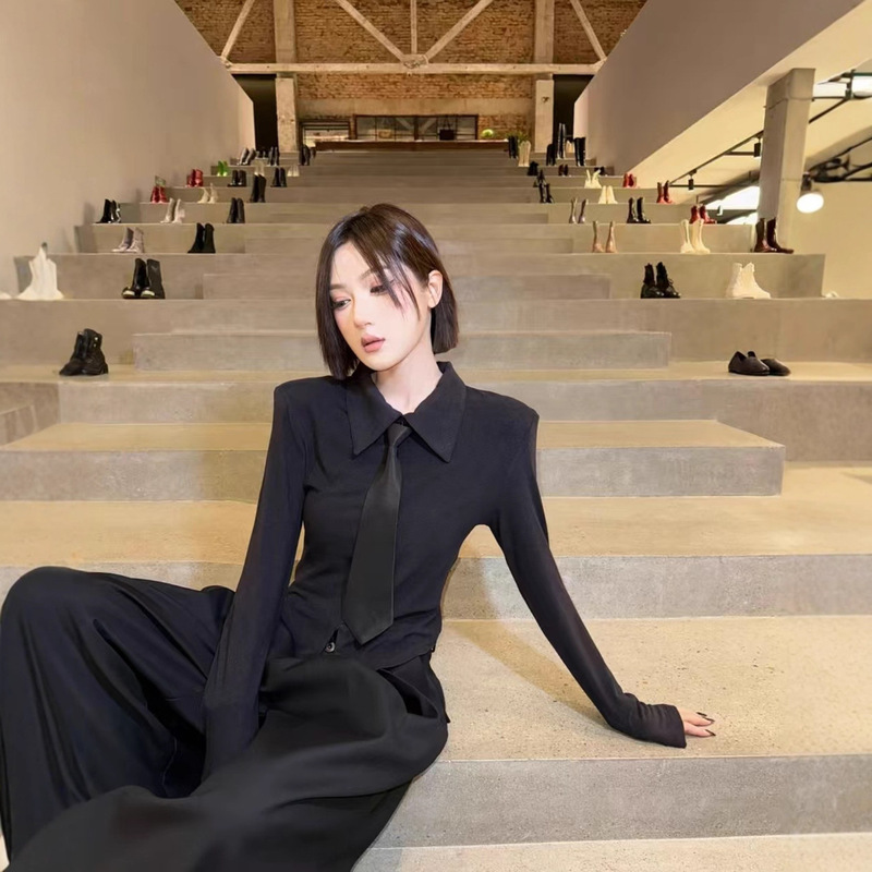 邓蕾婷 领带设计洋气小众修身显瘦时尚打底上衣+显瘦百搭阔腿裤|undefined