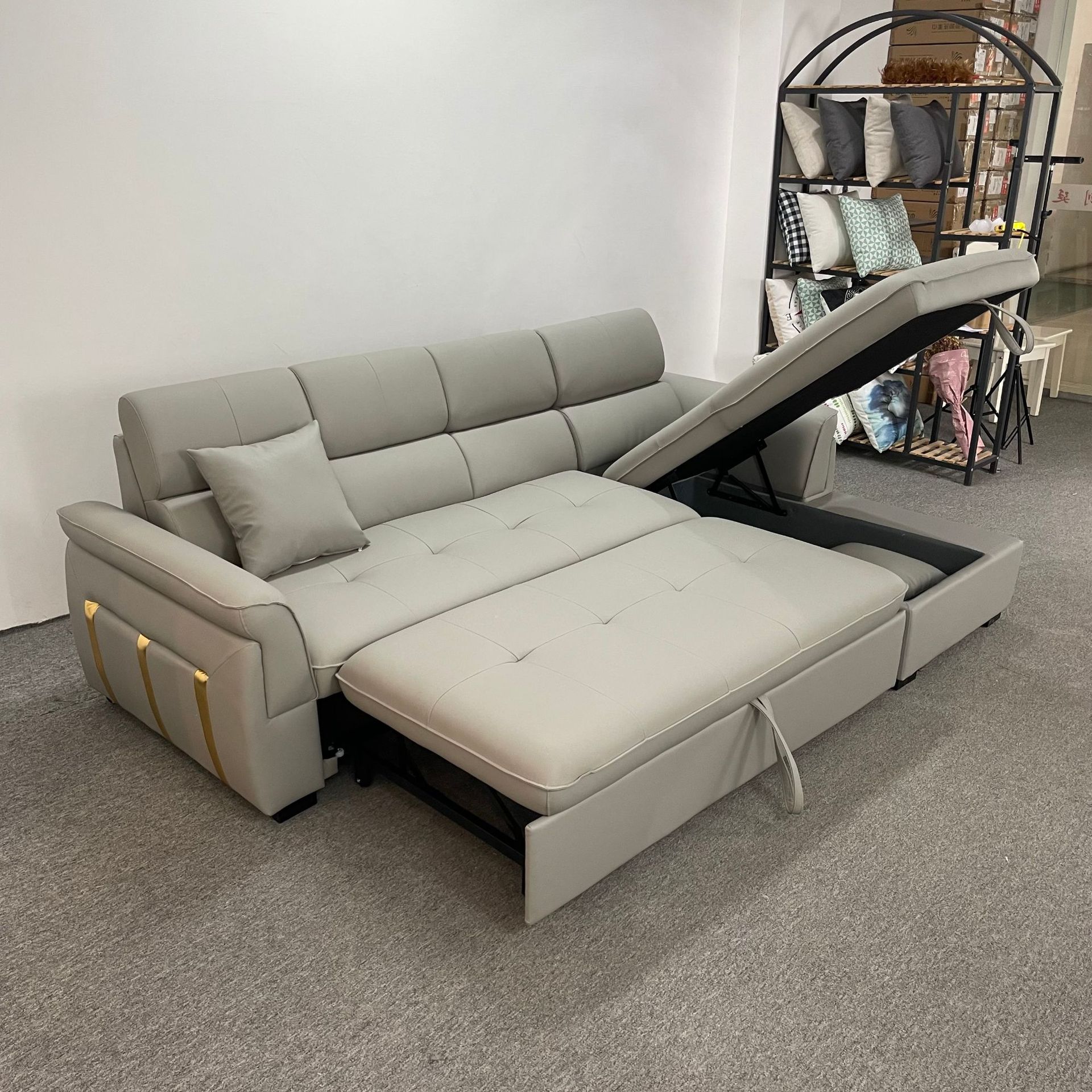 Sofá multifuncional de pequeño hogar con esquina de sala de estar en forma de L, sofá cama de doble uso con arte de cuero y almacenamiento combinado