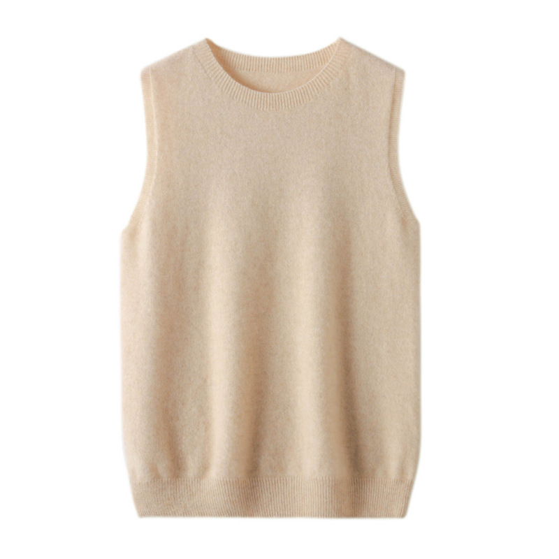 Autumn and Spring New Pure Wool Sweater Vest Women's Round Neck Sleeveless Knitted Slim Vest Short Loose Camel Style