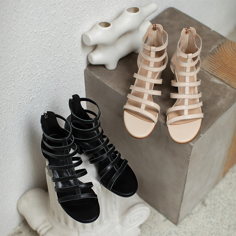Sandal nữ cao gót siêu cao da bò kiểu La Mã cổ cao gót thô — Màu đen chi tiết 16