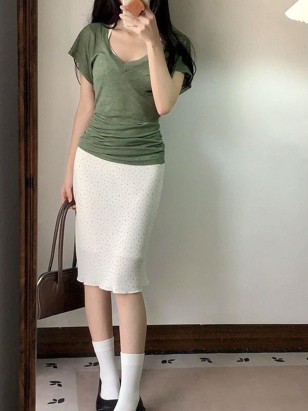 原版面料美式辣妹绿色V领正肩短袖T恤女夏修身显瘦收腰蝙蝠袖上衣|undefined