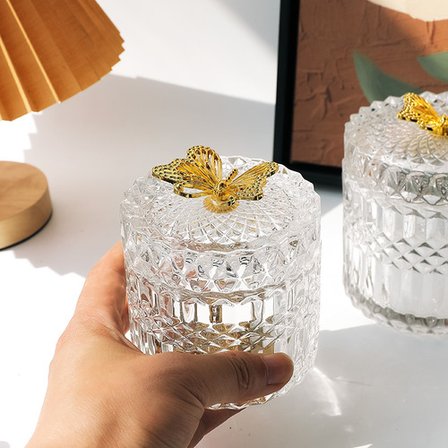 ins retro French embossed glass storage jar desktop decoration ornaments makeup cotton swab jar storage box with lid