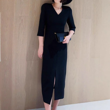 秋上新【Z.H.77】意法简约大方百搭得体七分袖前开叉中长款连衣裙